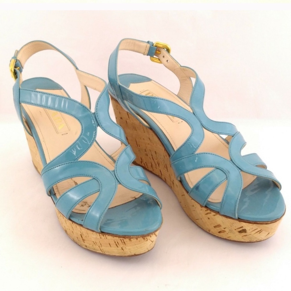 Prada Light Blue Patent Leather Platform Wedge